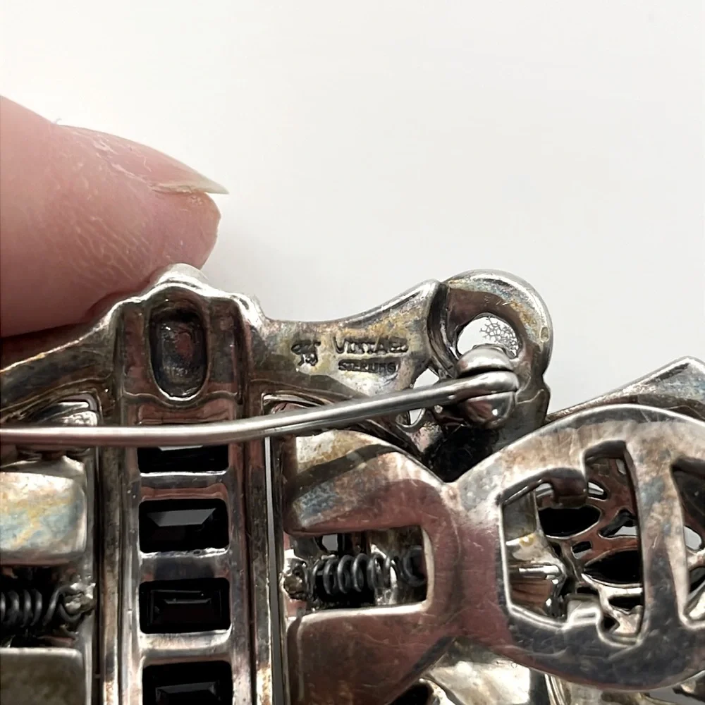 Vintage Art Deco Convertible Sterling Brooch Duette Dress Clip Set Black Crystal